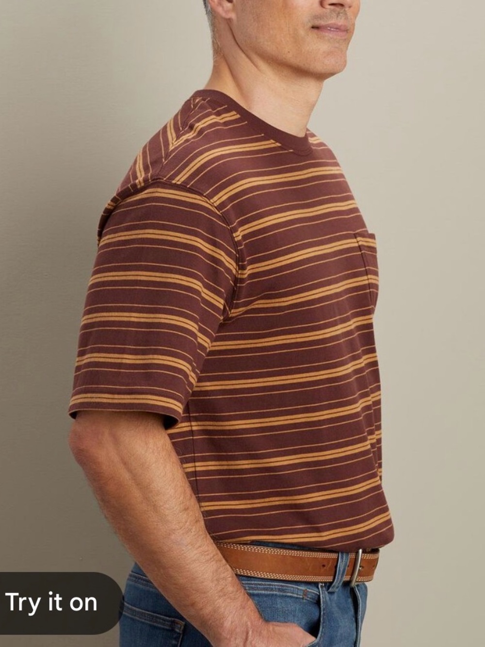 Duluth Trading Company Men's Brown & Tan Striped Long Tail Pocket Tee Sz L